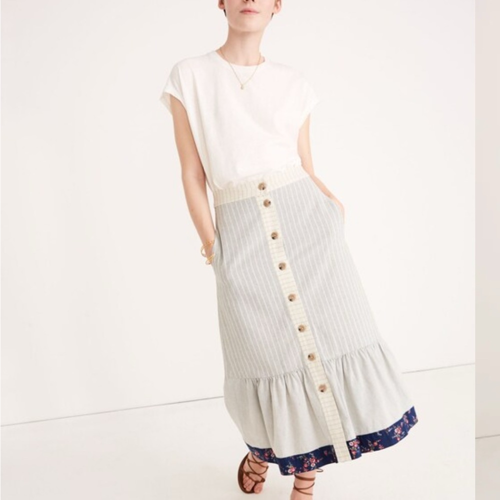 NWT Madewell Denim Project Gray and Cream Striped Midi Skirt, Size 12